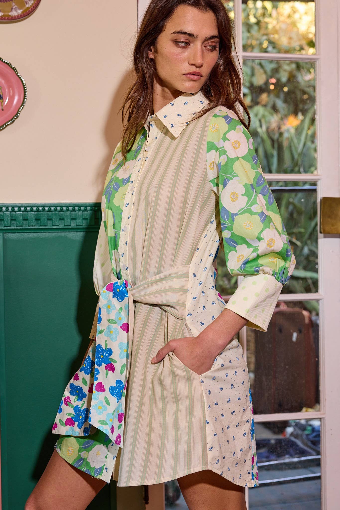 Zadie Multi Printed Patchwork Front-Tie Shirt Dress