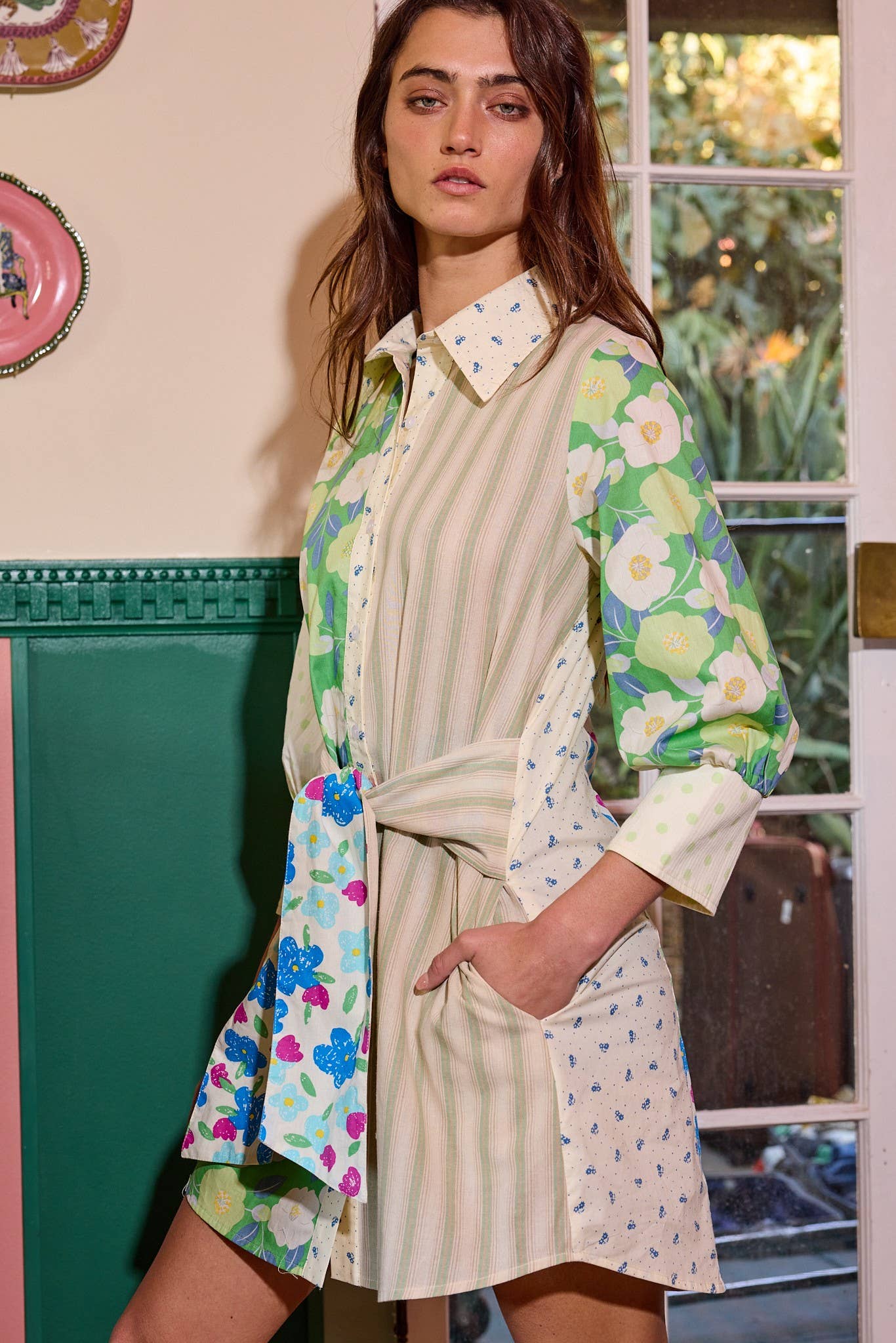 Zadie Multi Printed Patchwork Front-Tie Shirt Dress