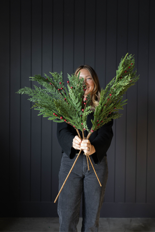 Red Plum Berry Norfolk Cypress Real Touch Stems